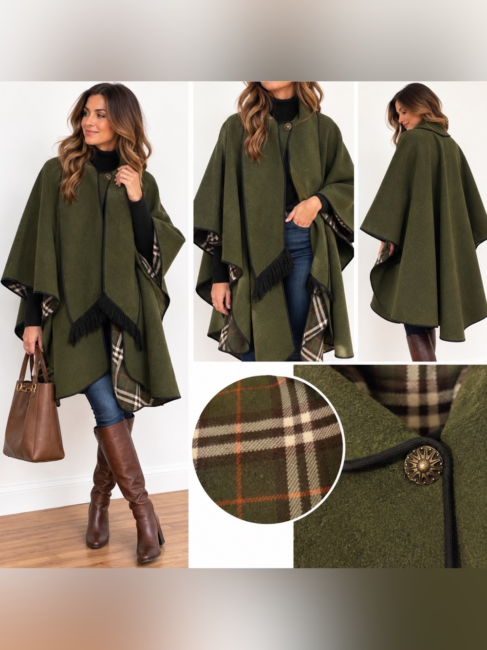Vintage Marks & Spencer Wool Tartan Lined Olive Green Cape Poncho One size